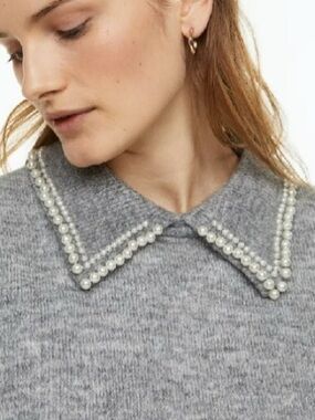 H&M Gray Pearl-Trim Collared Sweater